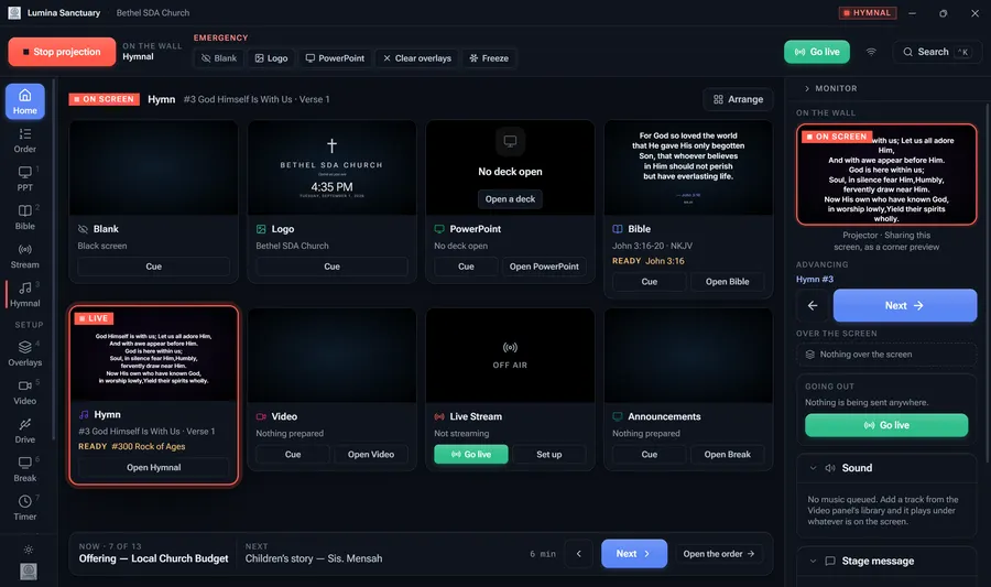 The same dashboard in the dark theme: a near-black window, the same layout, the same red LIVE marker