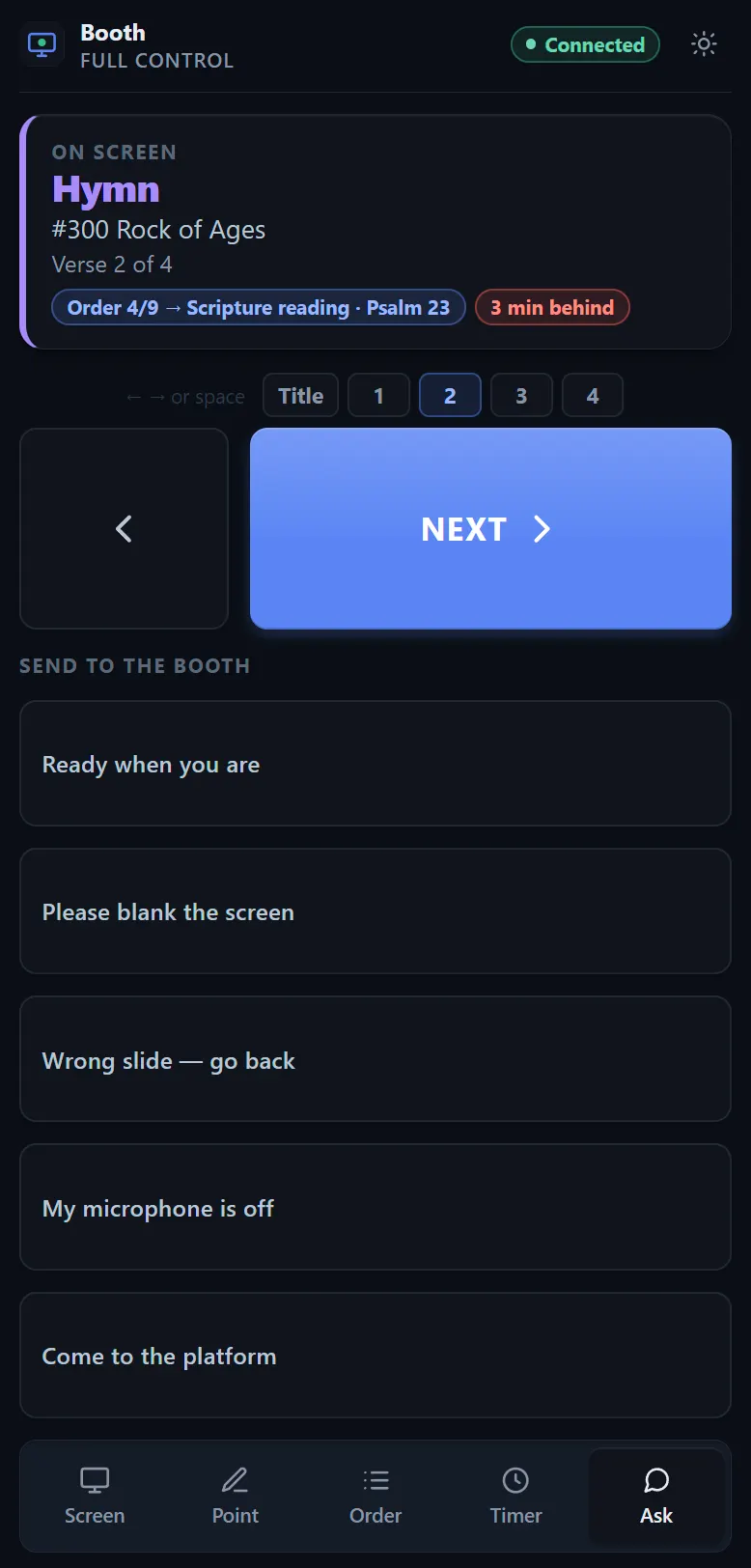 The Ask tab: five buttons reading Ready when you are, Please blank the screen, Wrong slide go back, My microphone is off, and Come to the platform