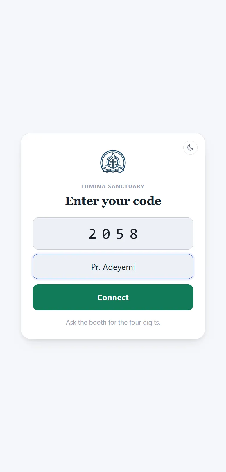 The door: a keypad headed Lumina Sanctuary with four large digit boxes filled in, a name field reading Pr. Adeyemi, and a Connect button