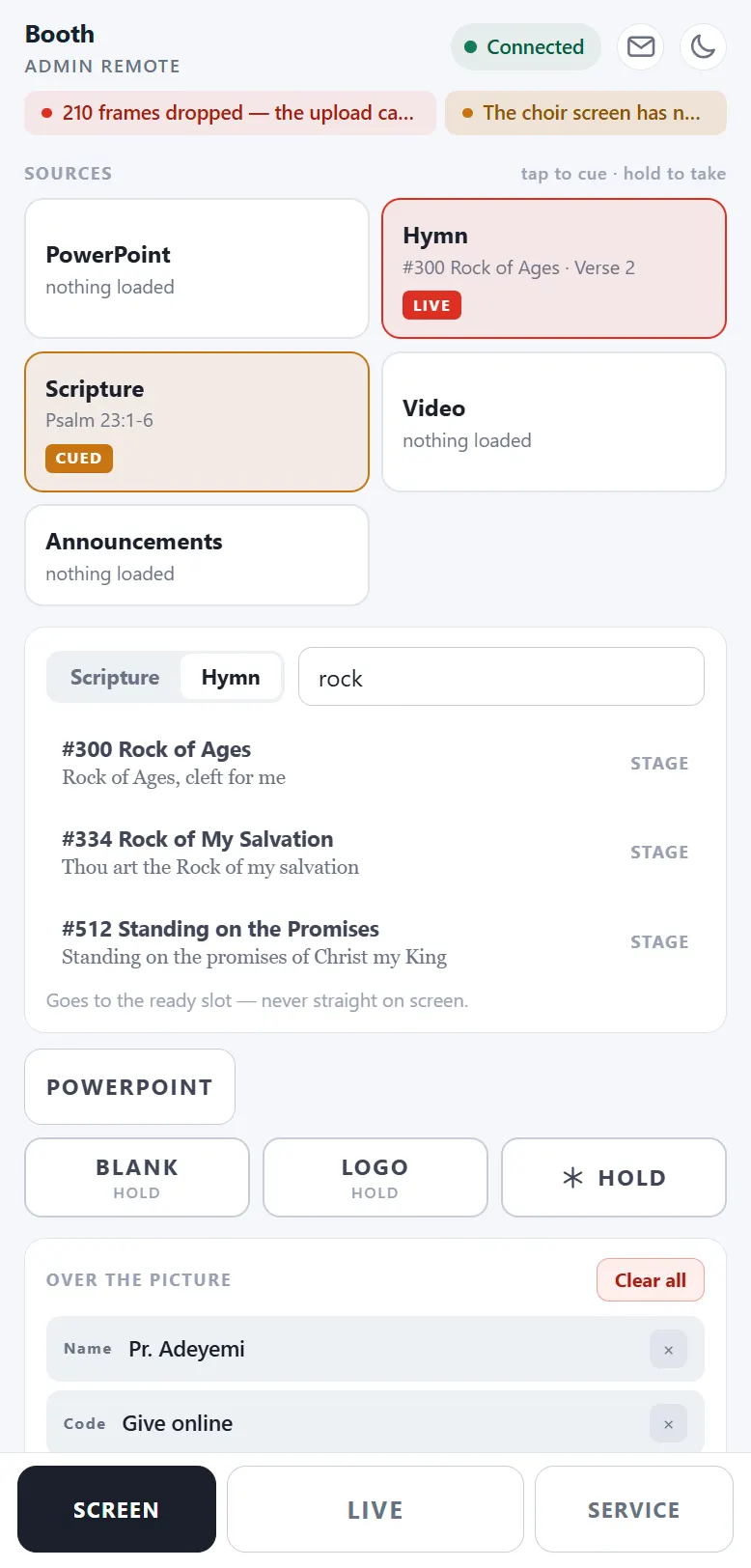 The search on an admin remote: a query reading rock, with the hymns that match listed under it, each showing its number and first line