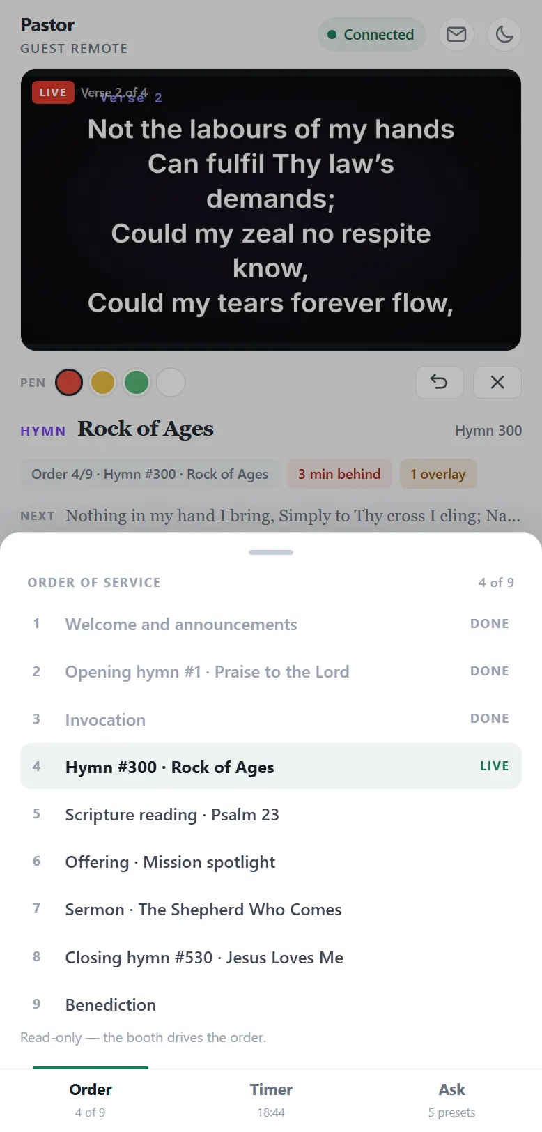 A guest remote with the order of service open: a picture of the congregation's screen with a hymn stanza on it, the pen row beneath, two search bars, the stanza chips and a large green NEXT button, and Order, Timer and Ask along the bottom