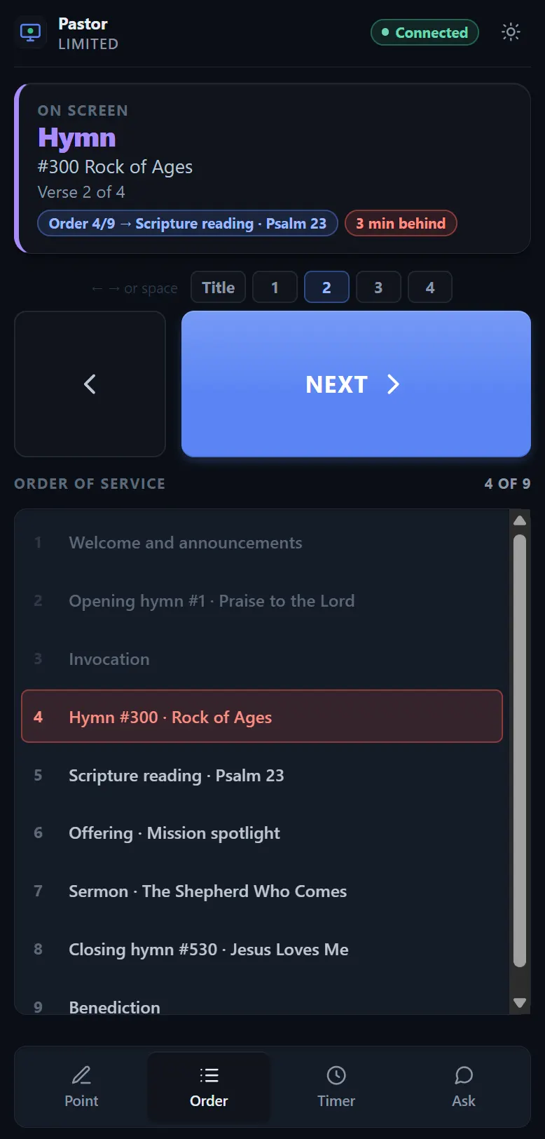 A limited remote headed Pastor, LIMITED, showing the order of service with no buttons to move it and only four tabs along the bottom