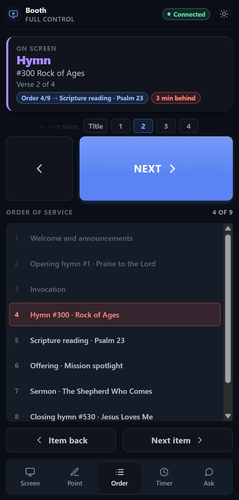 The Order tab: the nine items of a service listed in order, item four highlighted as live, with Item back and Next item buttons underneath
