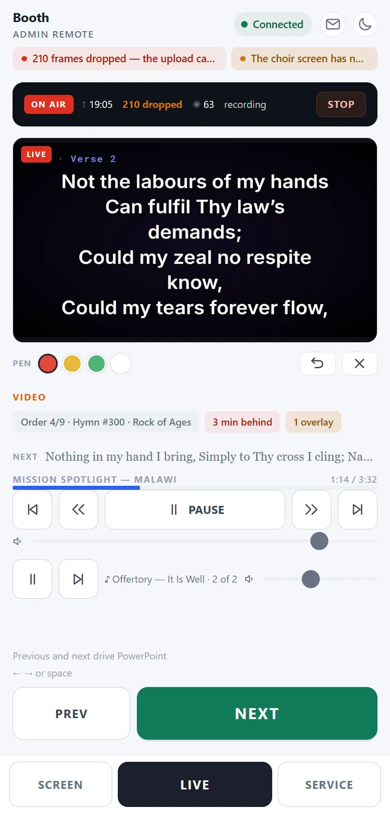 An admin remote during a film: the title Mission spotlight, a scrub bar part of the way through, pause and skip keys, and the music bed underneath with its own volume