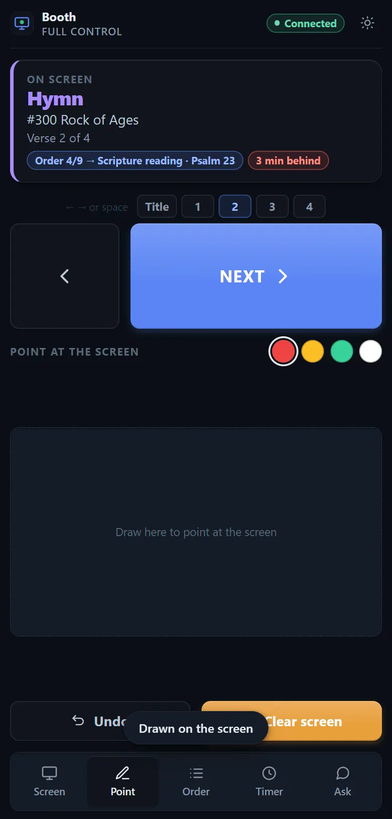 The Point tab: a drawing pad with a curved stroke drawn across it, four colour swatches above, and Undo and Clear screen buttons below