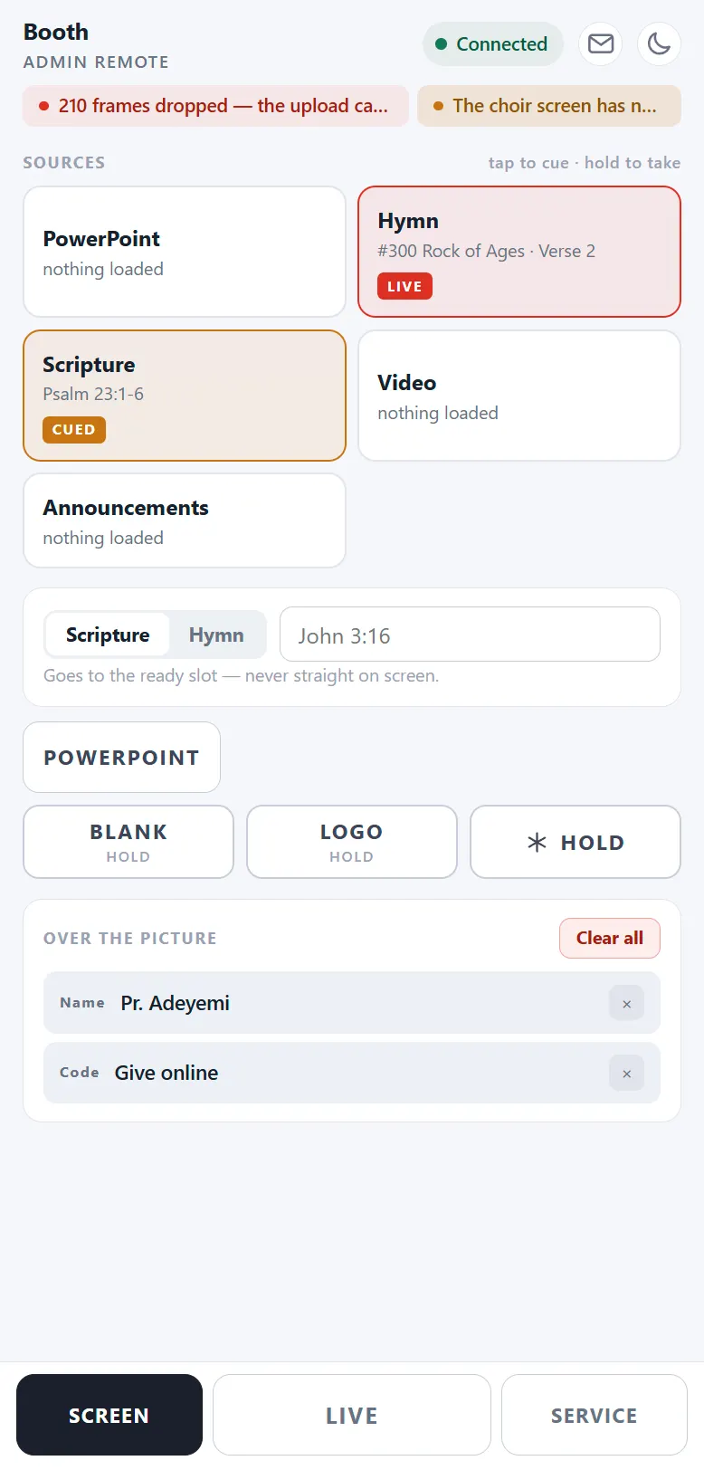 The Screen page of an admin remote: a grid of source tiles for hymn, Bible, PowerPoint, video, camera and logo, with the live one marked and another held ready