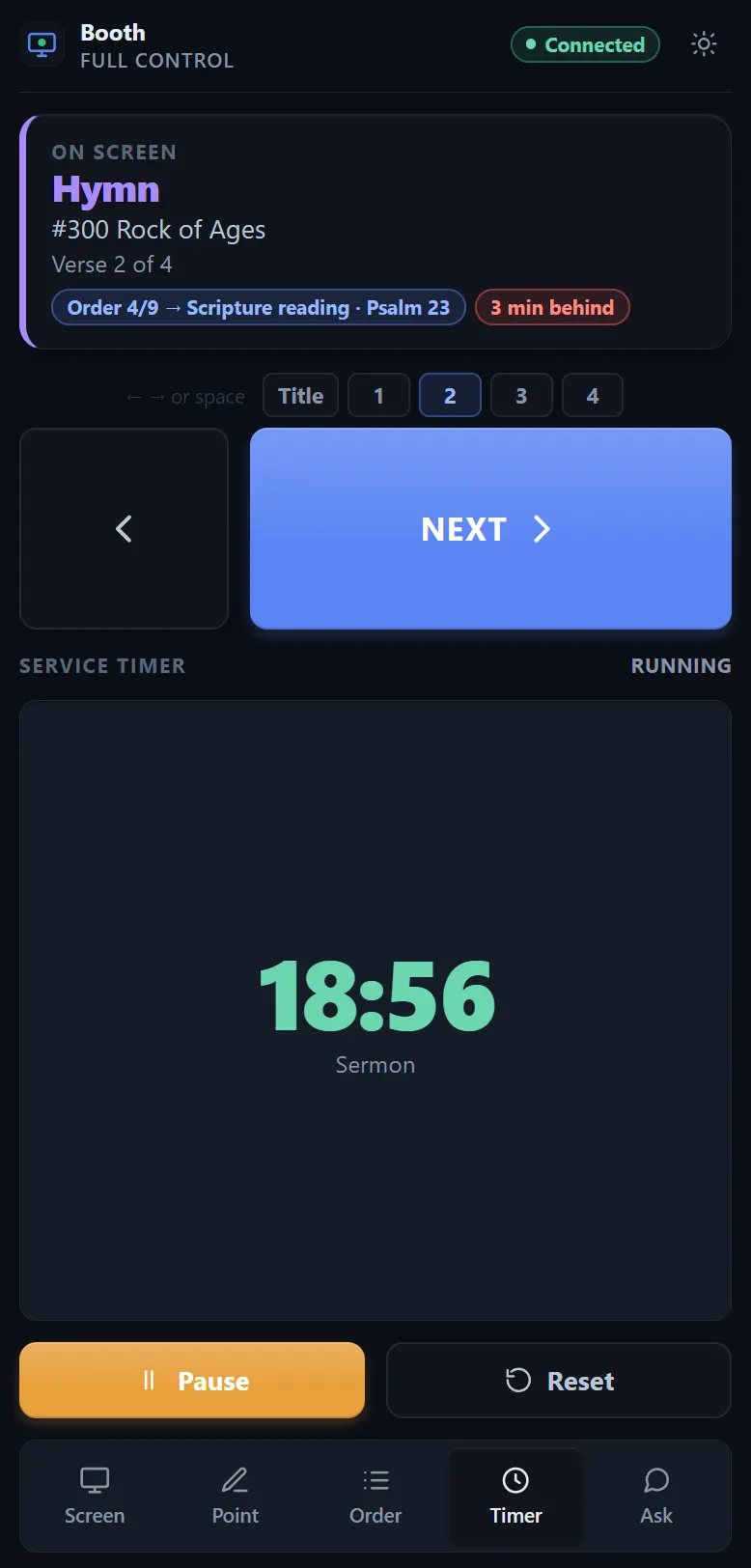 The Timer tab: a large countdown clock labelled Sermon, with Start and Reset buttons underneath