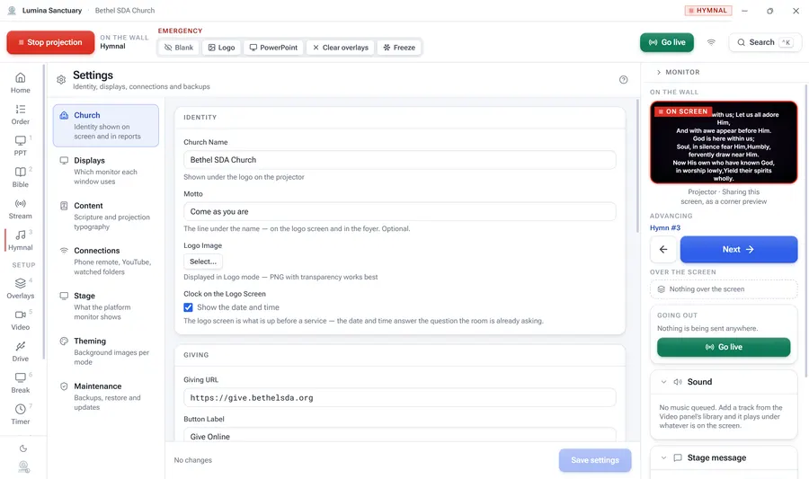 The Settings panel of Lumina Sanctuary