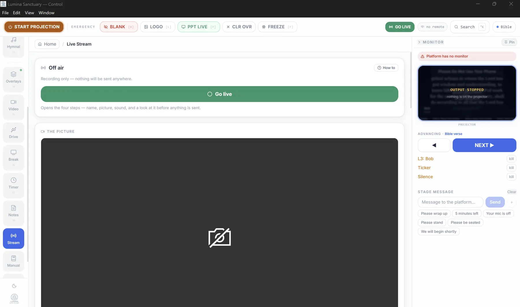 The Live Stream panel, off air, with a Go live button and the four steps it opens