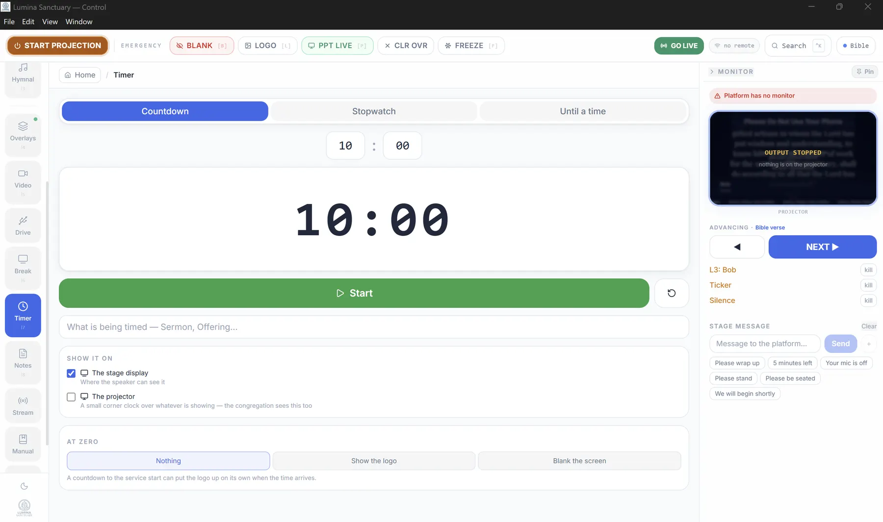 The Timer panel set to a ten-minute countdown, with options for where it shows and what happens at zero